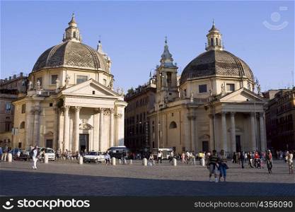 Tourists in front churches, Santa Maria Dei Miracoli, Santa Maria Di Montesanto, Piazza Del Popolo, Rome, Italy