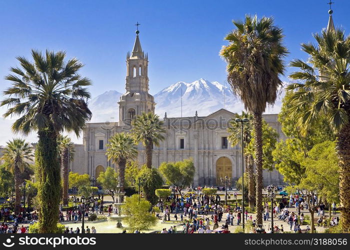 Tourists in front of a cathedral, Plaza-de-Armas, Arequipa, Peru