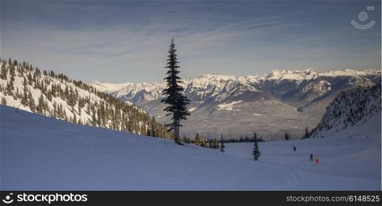 Tourists skiing in snow covered valley, Kicking Horse Mountain Resort, Golden, British Columbia, Canada