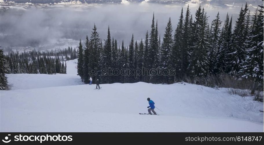 Tourists skiing in valley, Kicking Horse Mountain Resort, Golden, British Columbia, Canada