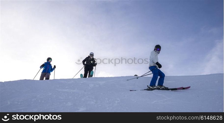 Tourists skiing, Kicking Horse Mountain Resort, Golden, British Columbia, Canada