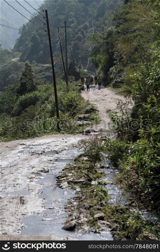 Tourists walk on the Annapurna trail in Nepal