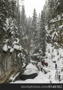 Tourists walking in snow covered trail in canyon, Johnston Canyon, Banff National Park, Alberta, Canada