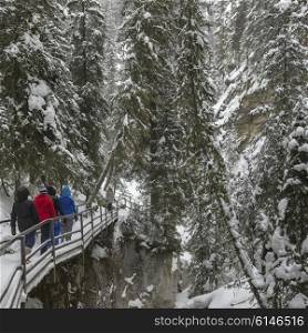 Tourists walking in snow covered trail in canyon, Johnston Canyon, Banff National Park, Alberta, Canada