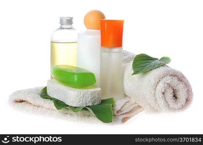 towel and accessories to bathing lie on table