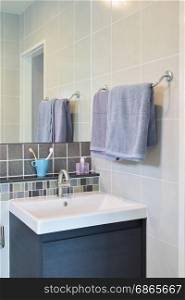 Towel rail next to Lavatory with toothpastes in modern decorative