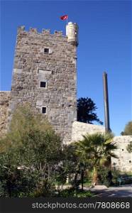 Tower and flag in Bodrum castle, Turkey