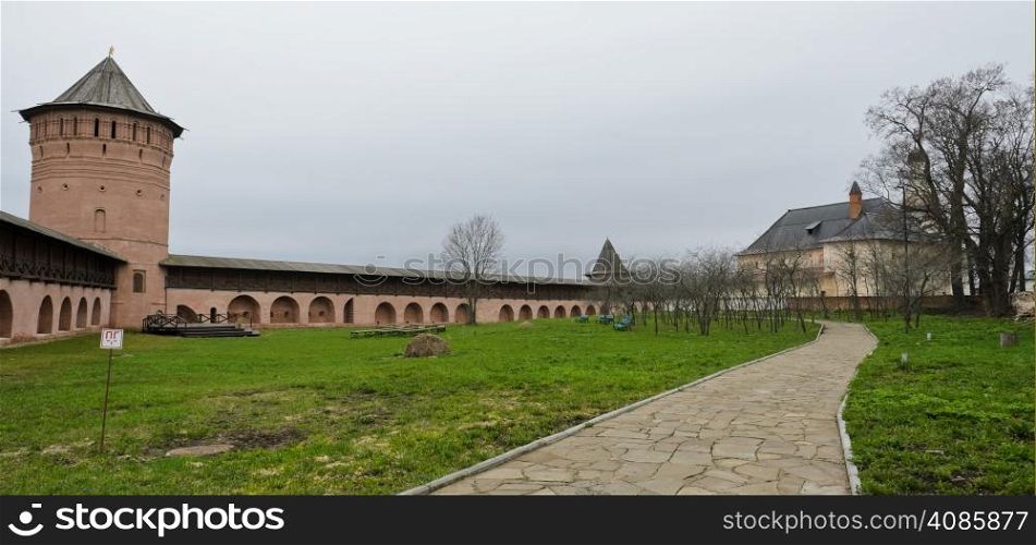 Tower and wall of Monastery of Saint Euthymius in Suzdal, Russia.