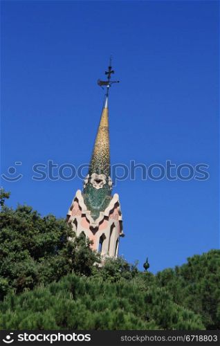 Tower at Park Guell, the famous park in Barcelona, Spain