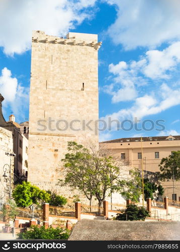 "tower medieval elephant. Particular of historical district of Cagliari "Castello""