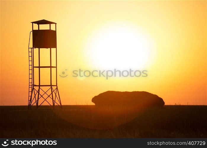 tower observation deck at sunset. Typical landscape of Byriuchyi Island, Ukraine