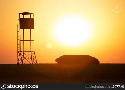 tower observation deck at sunset. Typical landscape of Byriuchyi Island, Ukraine