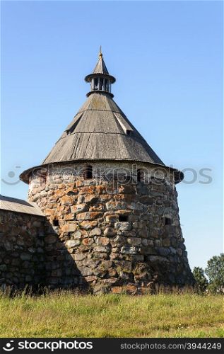 Tower of boulders of the Solovetsky monastery on Solovki (Solovetsky archipelago), sunny summer day