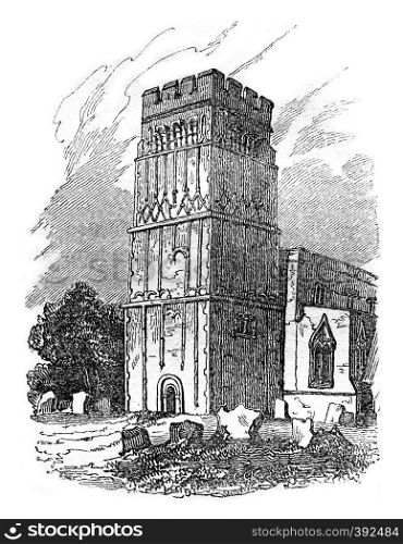 Tower of Earls Barton, Northamptonshire, vintage engraved illustration. Colorful History of England, 1837.