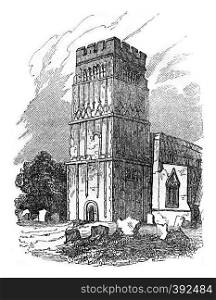 Tower of Earls Barton, Northamptonshire, vintage engraved illustration. Colorful History of England, 1837.