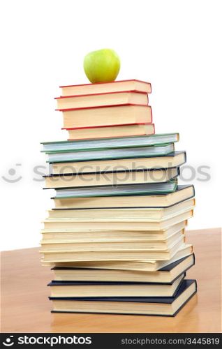 Tower of many books on a white background