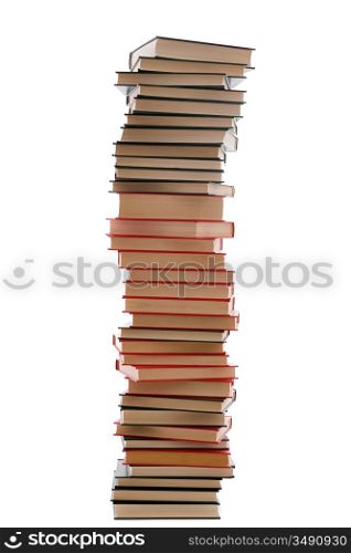 Tower of red and green books on a white background