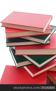 Tower of red and green books on a white background
