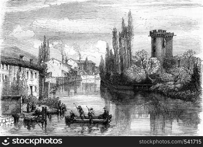 Tower of Saint Pierre de Luxembourg, in Ligny sur Ornain, vintage engraved illustration. Magasin Pittoresque 1858.