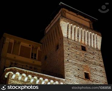Tower of Settimo at night. Night view of Torre Medievale medieval tower and castle in Settimo Torinese, Italy