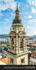 Tower of St Istvan basilica in Budapest with the view of city from above. Tower of St Istvan basilica