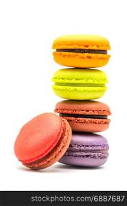 Tower of sweet macarons on white background