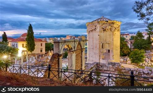 Tower of the Winds in The Roman Agora in Athens at dusk, Greece. Greek landmark                     