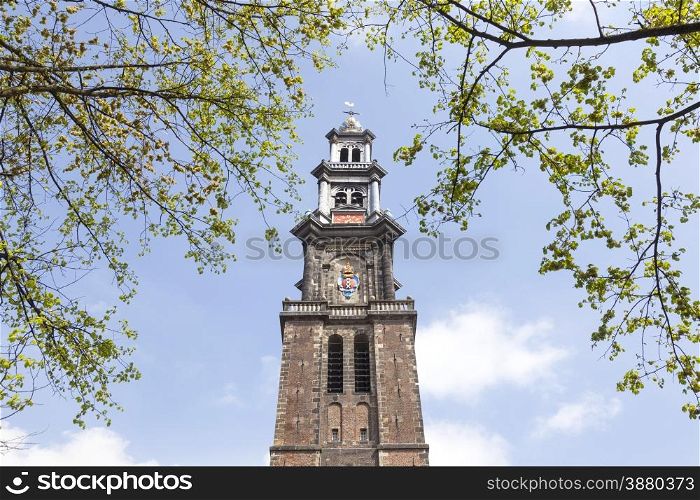 tower of westerkerk in dutch capital of amsterdam on a sunny day in spring