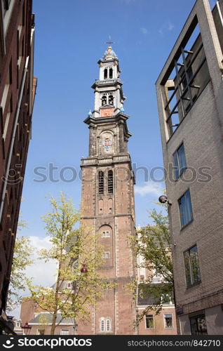 Tower of Westerkerk (Western church) by Hendrick de Keyser (1565-1621), the highest in Amsterdam at 85 meters (279 feet), Holland, Netherlands.
