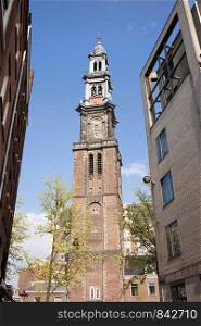 Tower of Westerkerk (Western church) by Hendrick de Keyser (1565-1621), the highest in Amsterdam at 85 meters (279 feet), Holland, Netherlands.