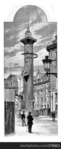 Tower Ruggieri after the demolition of the Halles Market in Paris, France. Vintage engraving.