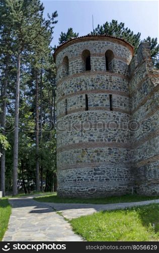 Tower with big stone wall of castle Hisarlak, near by Kyustendil town, Bulgaria