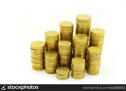 towers of coins isolated on a whiteness