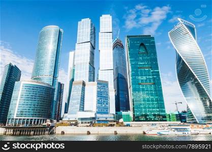 Towers of Moscow City office district in sunny spring day