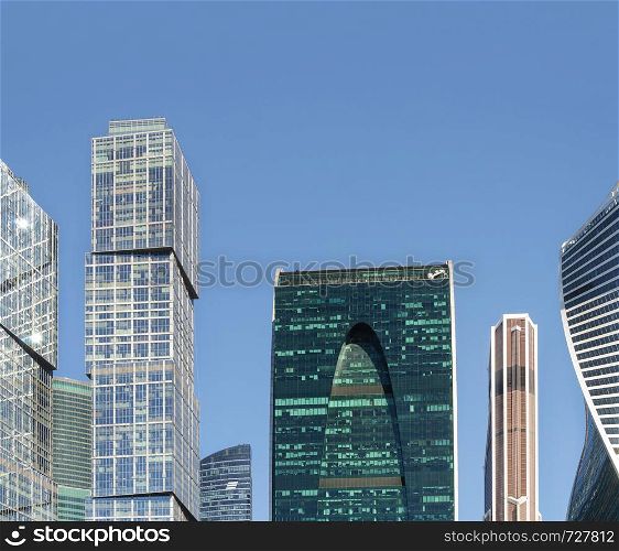 Towers of Moscow International Business Center (Moscow-City) on blue sky background, Moscow, Russia