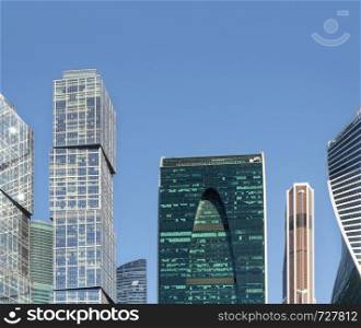 Towers of Moscow International Business Center (Moscow-City) on blue sky background, Moscow, Russia