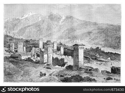 Towers of Svaneti in Svaneti, Georgia, drawing by Laurens based on a sketch, vintage illustration. Le Tour du Monde, Travel Journal, 1881