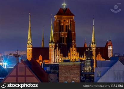 Towers of the church of Virgin Mary at sunset. Gdansk. Poland.. Gdansk. Church of the Virgin Mary.