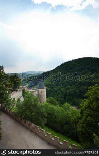 towers of the fortress against the sky and hills
