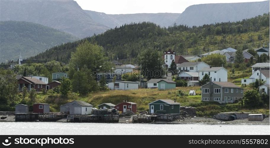 Town along the coast, Bonne Bay, Gros Morne National Park, Newfoundland And Labrador, Canada