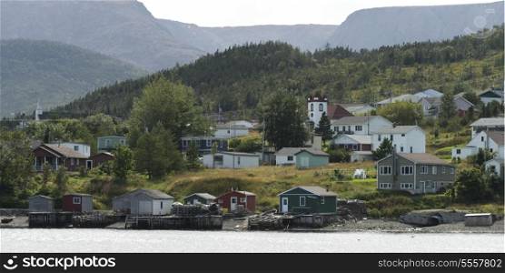 Town along the coast, Bonne Bay, Gros Morne National Park, Newfoundland And Labrador, Canada