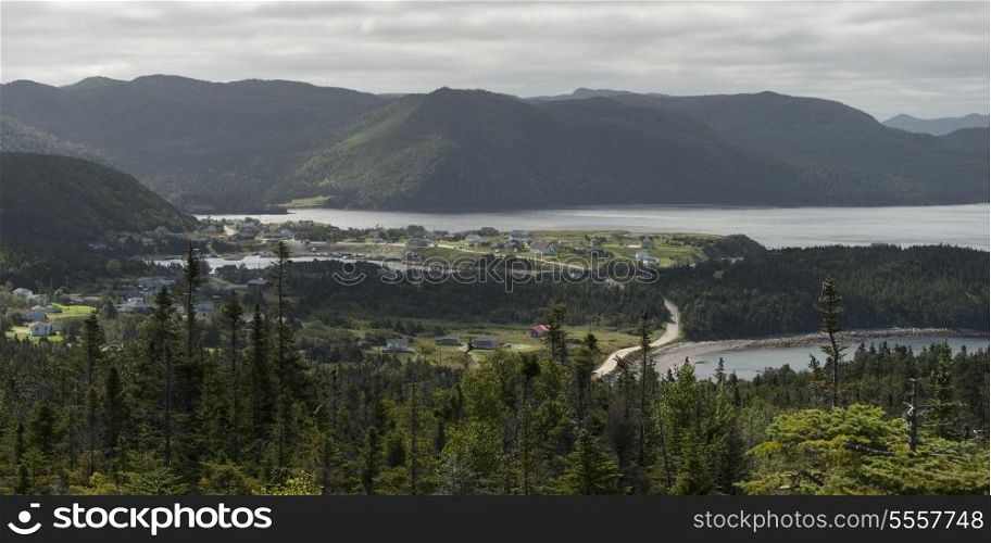 Town along the coast, Bonne Bay, Norris Point, Gros Morne National Park, Newfoundland And Labrador, Canada