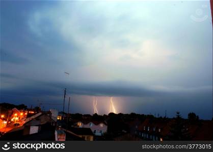Town and lightning strike, sky