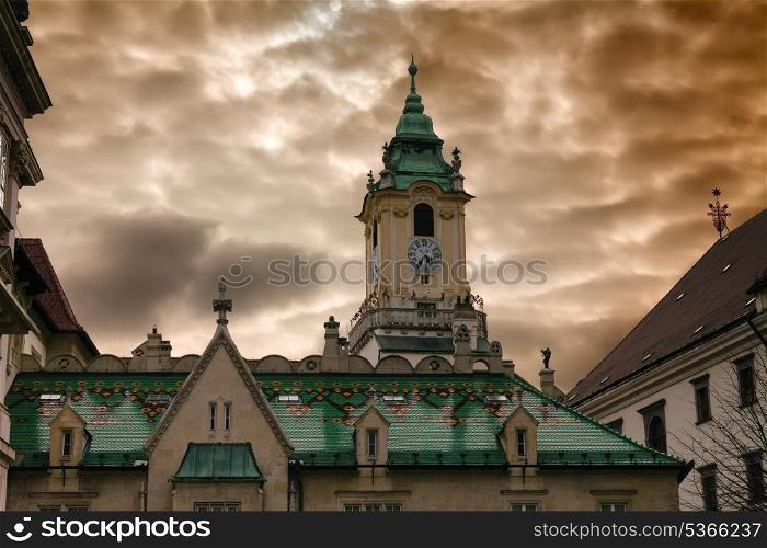 Town hall and dramatic cloudy sky in Bratislava, Slovakia