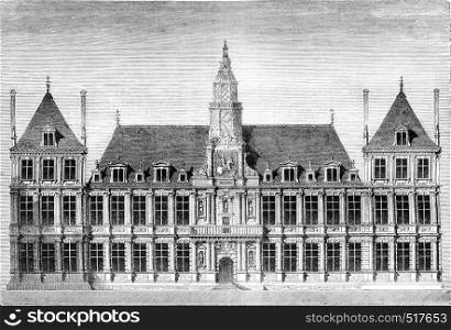 Town Hall of Reims, vintage engraved illustration. Magasin Pittoresque 1845.
