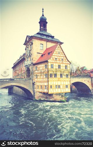 Town hall on bridge in Bamberg, Germany. Retro style