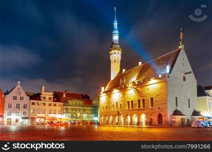 Town Hall square illuminated of Old Town at night, City Hall on the background, Tallinn, Estonia
