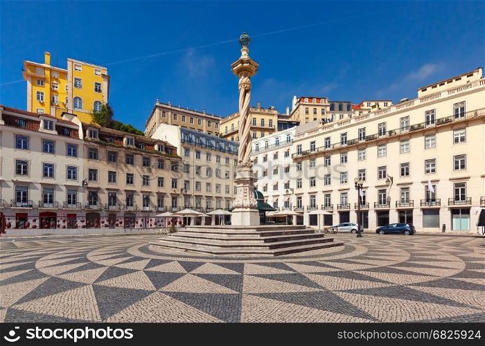 Town Hall Square in Lisbon, Portugal. Town Hall Square with a beautiful geometric mosaic in Lisbon, Portugal. In the center of the square the pillory The Pelourinho de Lisboa
