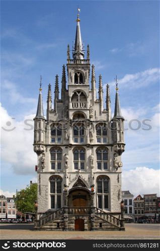 Town house of the city Gouda with pointed gothic towers