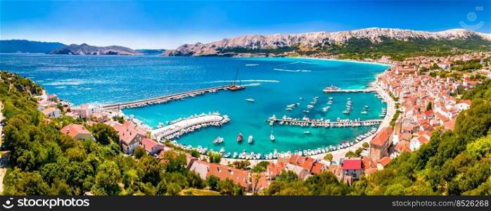 Town of Baska coastline aerial panoramic view, turquoise sea on Krk island, Adriatic, Croatia